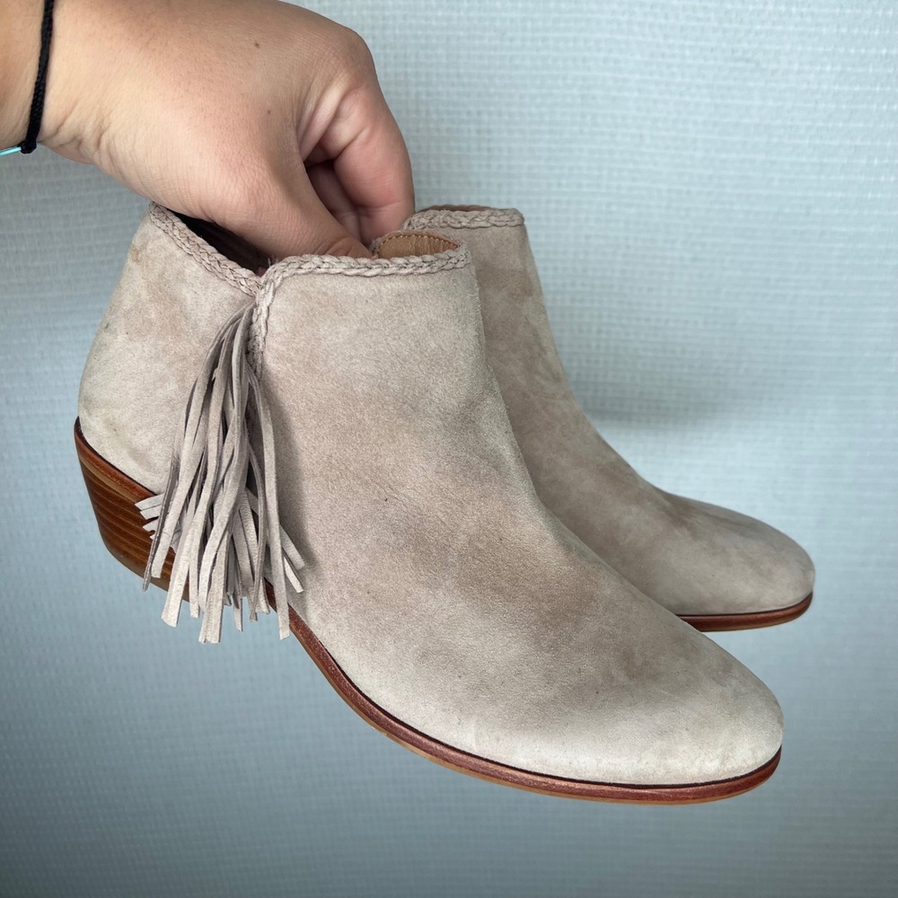 Sam Edelman Womens 6.5 Taupe Suede Fringe Tassel Braided Ankle Booties